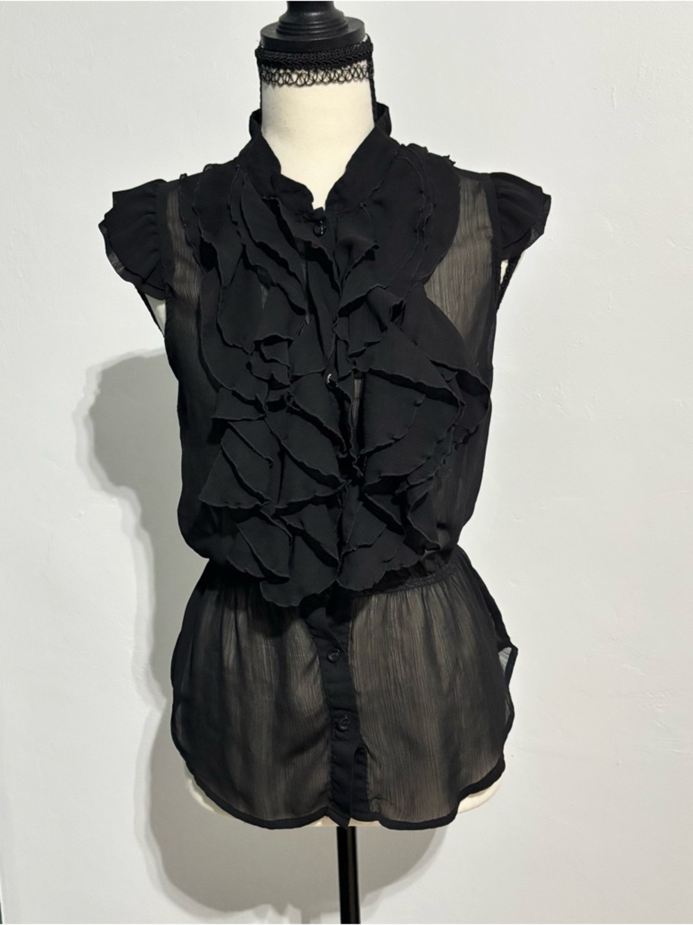 Miley Cyrus X MaxAzria Black Sheer Ruffled Blouse